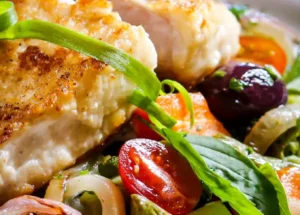 Uma foto em plano médio de filés de peixe grelhados, perfeitamente dourados, servidos sobre uma cama de vegetais coloridos, incluindo tomates-cereja maduros, azeitonas pretas, anéis de cebola, manjericão fresco e outras folhas verdes, todos bem misturados e prontos para comer.