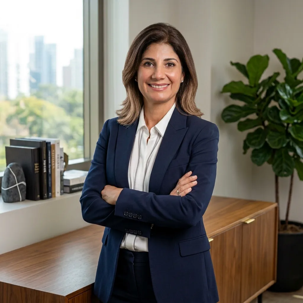 Foto fundadora da marca para perfil. Vestida com roupas executivas, braços cruzados e sorrizo amistoso.