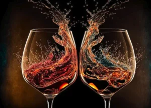 Duas taças de vinho lado a lado com líquido em movimento criando respingos dramáticos em fundo escuro